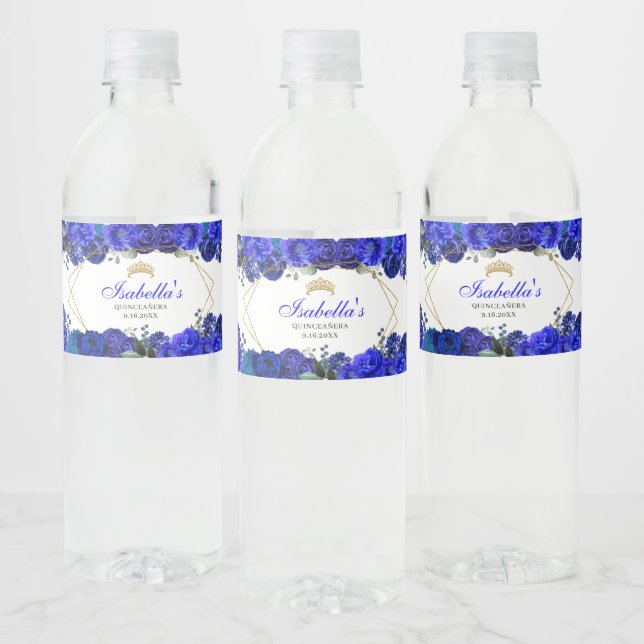 Étiquette Pour Bouteilles D'eau Quinceanera Royal Blue et Gold Floral (Bouteilles)