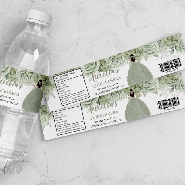 Étiquette Pour Bouteilles D'eau Quinceañera Sage Vert Floral Or 16e anniversaire (Créateur téléchargé)