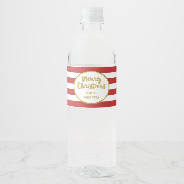 Étiquette Pour Bouteilles D'eau Red Stripes Gold Custom Joyeux Noël (Devant)