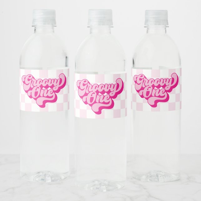 Étiquette Pour Bouteilles D'eau Rétro Groovy One Rose et Blanc à Damier (Bouteilles)