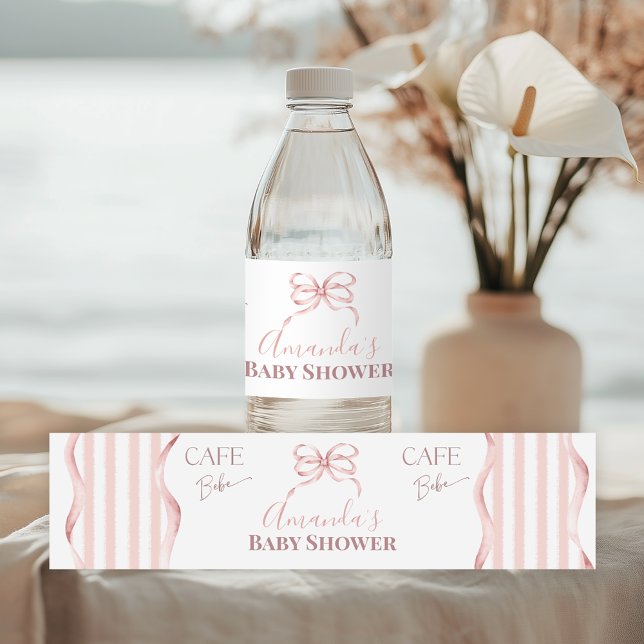 Étiquette Pour Bouteilles D'eau Retro Pink Bow Cafe Bebe Girl Coffee Baby Shower (Créateur téléchargé)