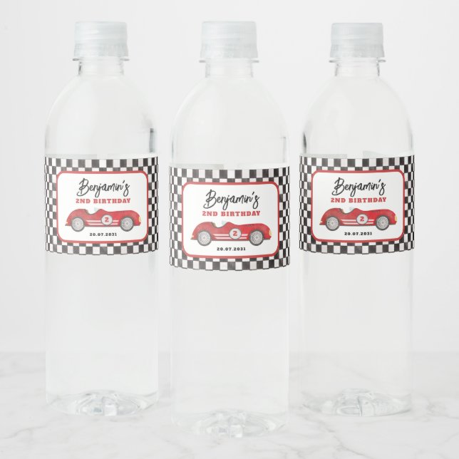 Étiquette Pour Bouteilles D'eau Retro Red Race Car Two Fast Boy 2e anniversaire (Bouteilles)