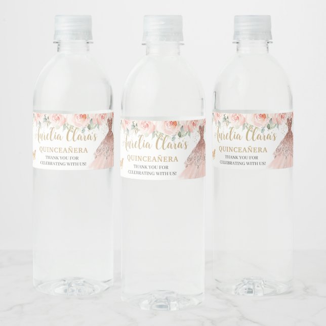 Étiquette Pour Bouteilles D'eau Robe florale blanche Quinceañera Douce 16 Papillon (Bouteilles)