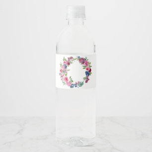 Étiquette Pour Bouteilles D'eau Rose chaud et bleu marine Floral