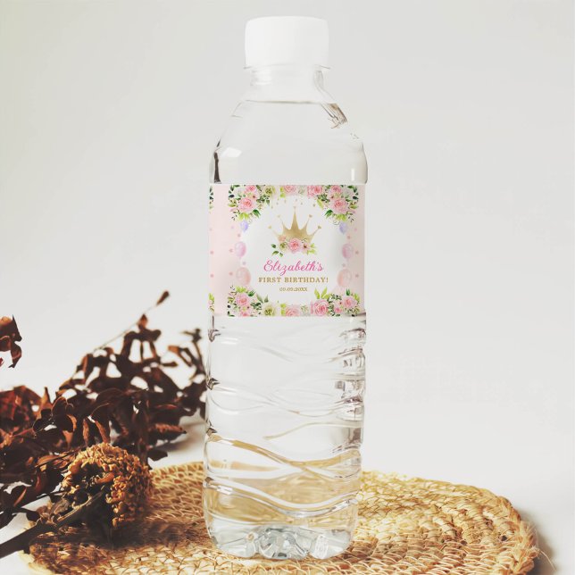 Étiquette Pour Bouteilles D'eau Rose Floral Princess Crown 1er anniversaire (Créateur téléchargé)