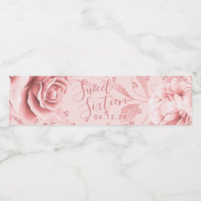 Étiquette Pour Bouteilles D'eau Rose Gold Blush Sweet 16 Parties scintillant Confe (Étiquettes simples)