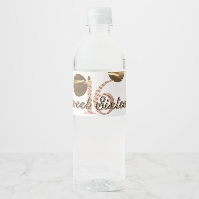 Étiquette Pour Bouteilles D'eau Rose Gold Bronze pois Sweet 16 Anniversaire (Devant)