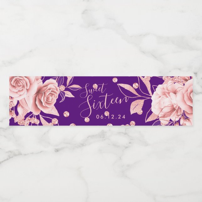 Étiquette Pour Bouteilles D'eau Rose Gold Purple Sweet 16 Parties scintillant Conf (Étiquettes simples)