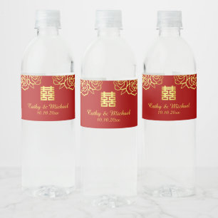 Étiquette Pour Bouteilles D'eau Rose mariage chinois découpé en carton rouge et or