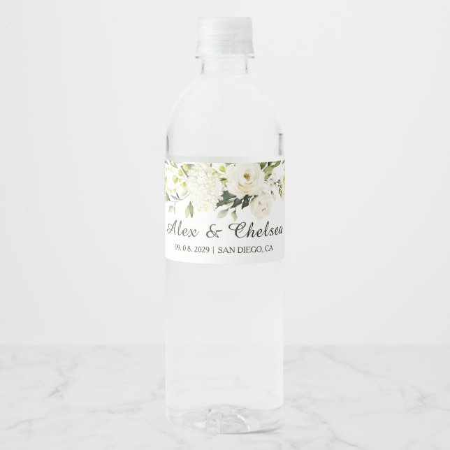 Étiquette Pour Bouteilles D'eau Roses blanches Mariage de verdure (Devant)