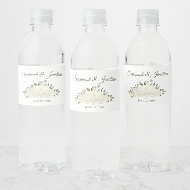Étiquette Pour Bouteilles D'eau Roses blanches rustiques et Mariage de bouquet ver (Bouteilles)