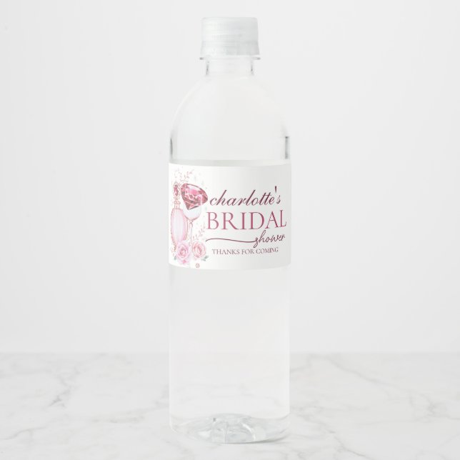 Étiquette Pour Bouteilles D'eau Rubis sophistiqués et Fête des mariées Rose (Devant)