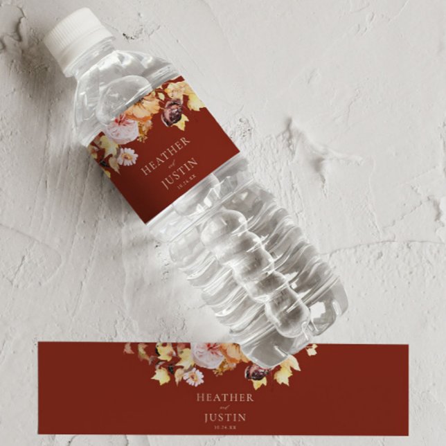 Étiquette Pour Bouteilles D'eau Russe Automne Floral Bourgogne Mariage (Créateur téléchargé)