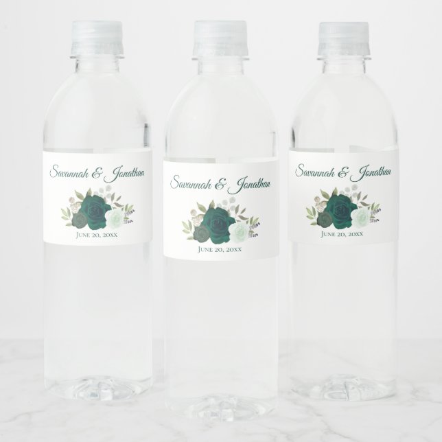 Étiquette Pour Bouteilles D'eau Rustic Emerald Green & Sage Rose Mariage (Bouteilles)