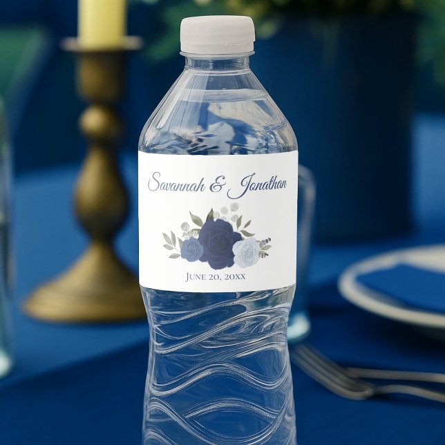Étiquette Pour Bouteilles D'eau Rustic Navy Dusty Blue & Indigo Rose Mariage (Créateur téléchargé)