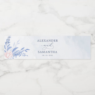 Étiquette Pour Bouteilles D'eau Rustique Dusty Blue Aquarelle Feuille Mariage or