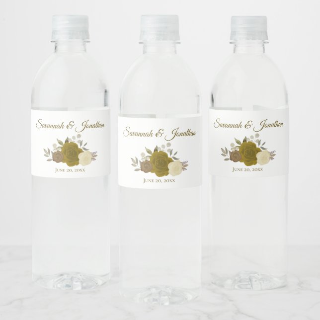 Étiquette Pour Bouteilles D'eau Rustique Gold & Roses Jaunes Mariage élégant (Bouteilles)