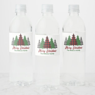 Étiquette Pour Bouteilles D'eau Rustique Red Plaid Joyeux Noël Arbres