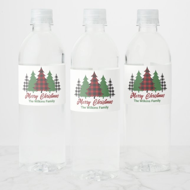 Étiquette Pour Bouteilles D'eau Rustique Red Plaid Joyeux Noël Arbres (Bouteilles)