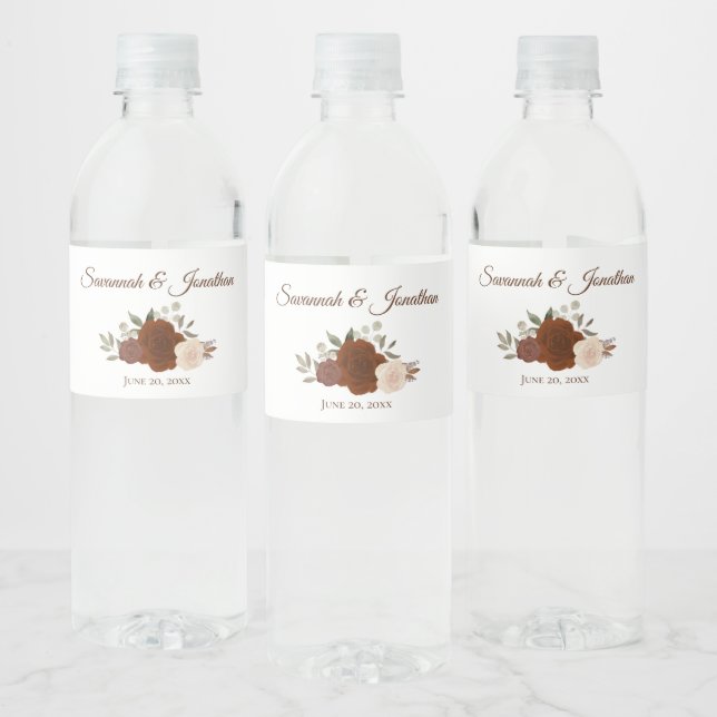 Étiquette Pour Bouteilles D'eau Rustique Roses d'automne brûlé Umber et Mariage or (Bouteilles)