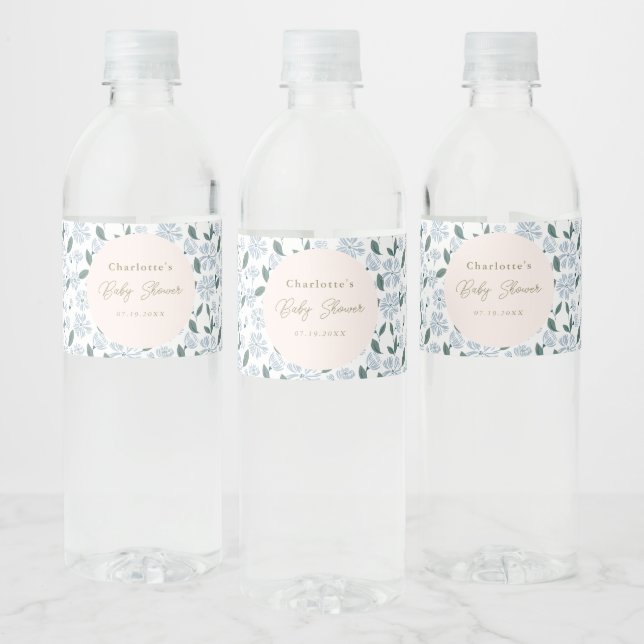 Étiquette Pour Bouteilles D'eau Sage et Dusty Blue Floral Baby shower sur mesure (Bouteilles)