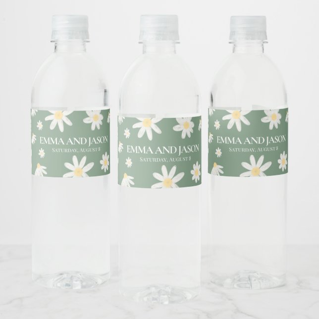 Étiquette Pour Bouteilles D'eau Sage Green Boho Daisy Floral Water Bottle Étiquett (Bouteilles)