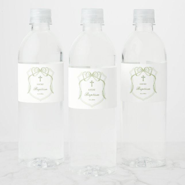 Étiquette Pour Bouteilles D'eau Sage Green Bow Crest Baptême (Bouteilles)