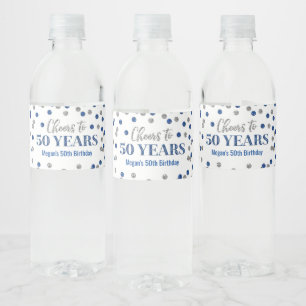 Étiquette Pour Bouteilles D'eau Salutations à 50 ans Bleu Argent Confetti Annivers