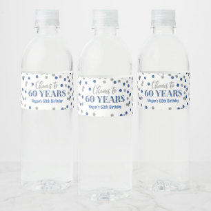 Étiquette Pour Bouteilles D'eau Salutations à 60 ans Bleu Argent Confetti Annivers