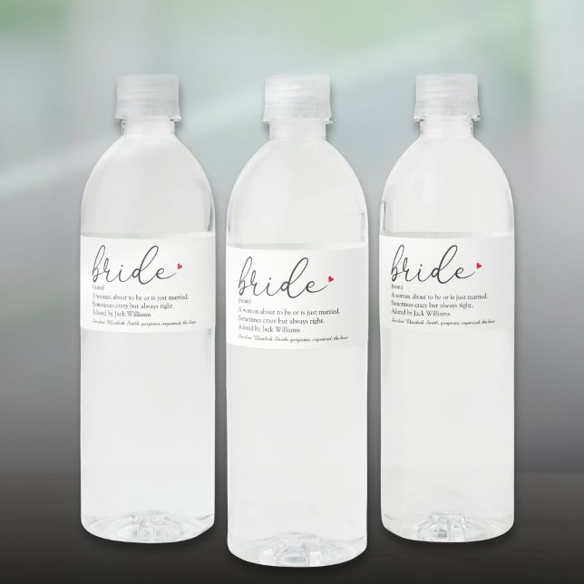 Étiquette Pour Bouteilles D'eau Scénario Définition de la mariée Réception de mari (Script Bride Definition Bridal Shower Wedding Water Bottle Label)