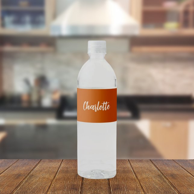 Étiquette Pour Bouteilles D'eau Script de nom orange brûlé (Créateur téléchargé)