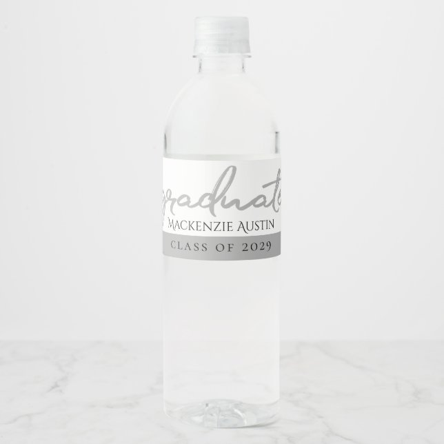 Étiquette Pour Bouteilles D'eau Script Silver Gradué | Faux Metallic tendance (Devant)