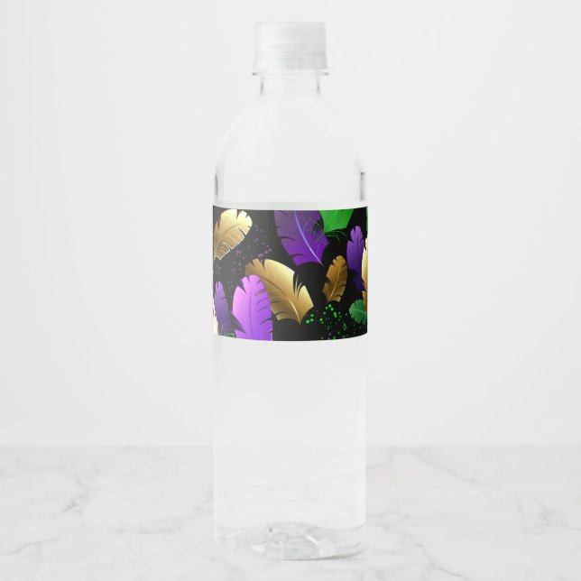 Étiquette Pour Bouteilles D'eau Seamless Pattern with Mardi Gras feathers (Devant)