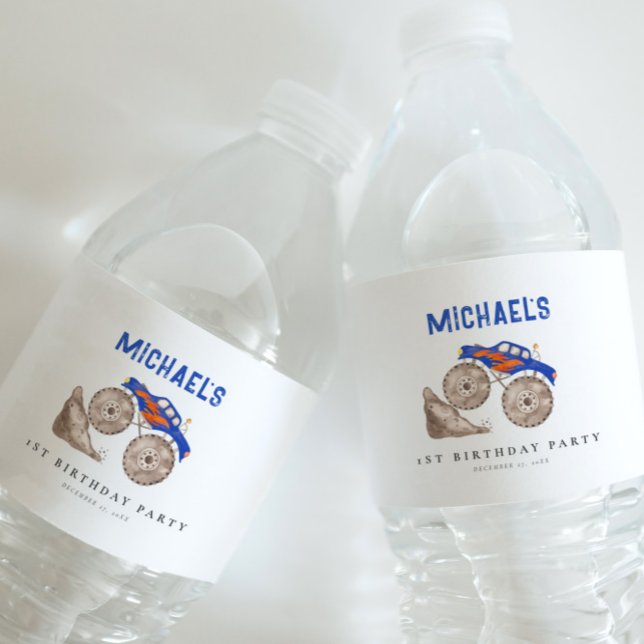 Étiquette Pour Bouteilles D'eau Serviette en papier camion monstre bleu vif (Créateur téléchargé)