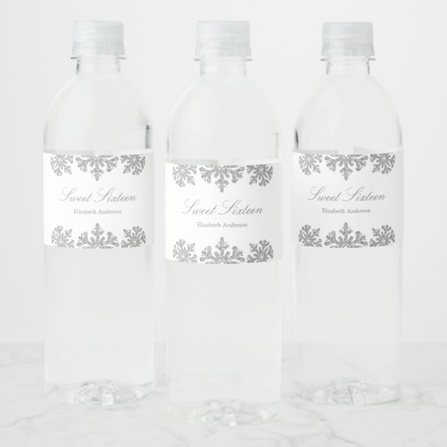 Étiquette Pour Bouteilles D'eau Silver Snowflake Winter Sweet 16 (Bouteilles)