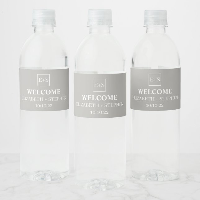 Étiquette Pour Bouteilles D'eau Simple Monogramme  Gris et Blanc  Mariage (Bouteilles)