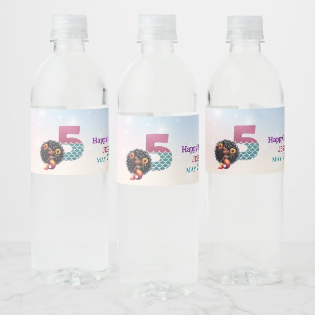 Étiquette Pour Bouteilles D'eau Sirène Africaine Américaine 5E Anniversaire (Bouteilles)