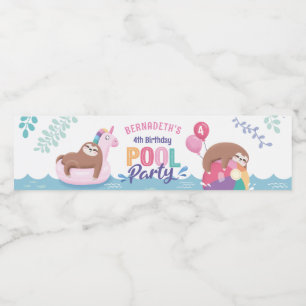 Étiquette Pour Bouteilles D'eau Sloth et Unicorne Summer Birthday Pool Party