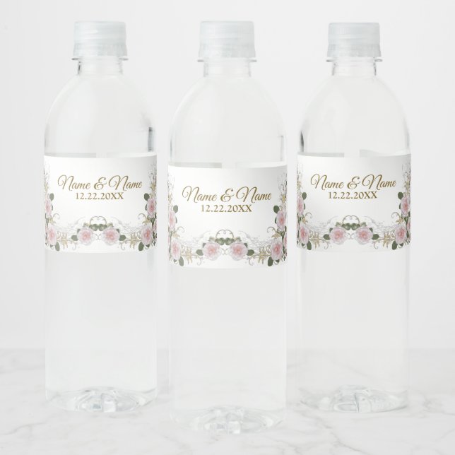 Étiquette Pour Bouteilles D'eau Soirée de mariage Cadeau rose Floral Argent élégan (Bouteilles)