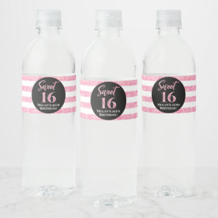 Étiquette Pour Bouteilles D'eau Sweet 16 Anniversaire noir rose rayures
