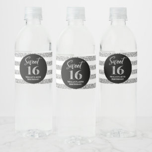 Étiquette Pour Bouteilles D'eau Sweet 16 Anniversaire Noir Stripes Argent