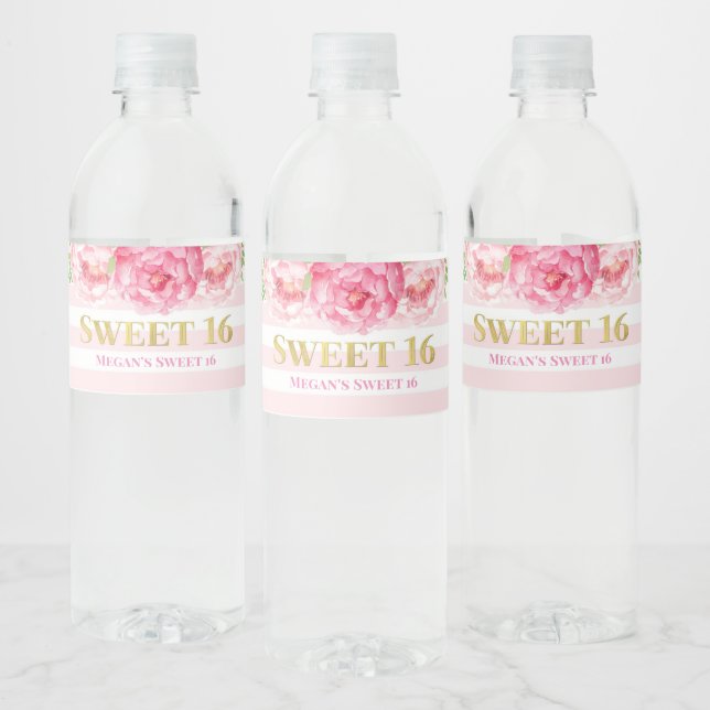 Étiquette Pour Bouteilles D'eau Sweet 16 Anniversaire Or rose Fleurs (Bouteilles)