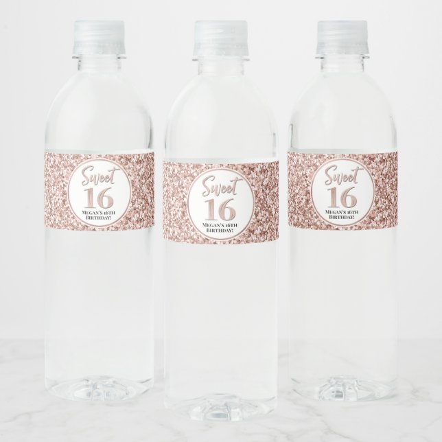 Étiquette Pour Bouteilles D'eau Sweet 16 Anniversaire Rose Parties scintillant or (Bouteilles)