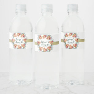 Étiquette Pour Bouteilles D'eau Sweet sixteen Aquarelle Florale Pêche Vert