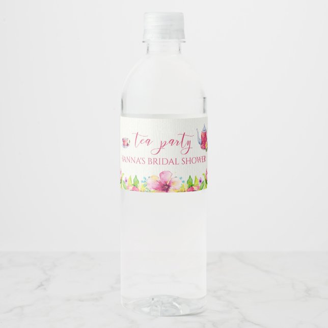 Étiquette Pour Bouteilles D'eau Tea Party à l'aquarelle rose (Devant)