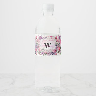 Étiquette Pour Bouteilles D'eau Texte de typographie cœurs floraux aquarelle roman