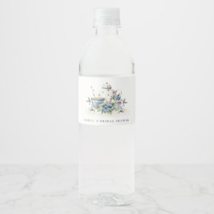 Étiquette Pour Bouteilles D'eau Théière et tasses florales bleu aqua mignonnes pou