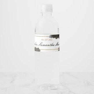 Étiquette Pour Bouteilles D'eau Thème de Quinceañera Noir et Or Floral