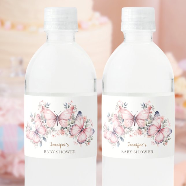 Étiquette Pour Bouteilles D'eau Thème Papillon rose | Baby shower papillon (Créateur téléchargé)
