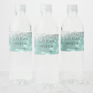 Étiquette Pour Bouteilles D'eau Turquoise et argent paillettes scintillantes Swee